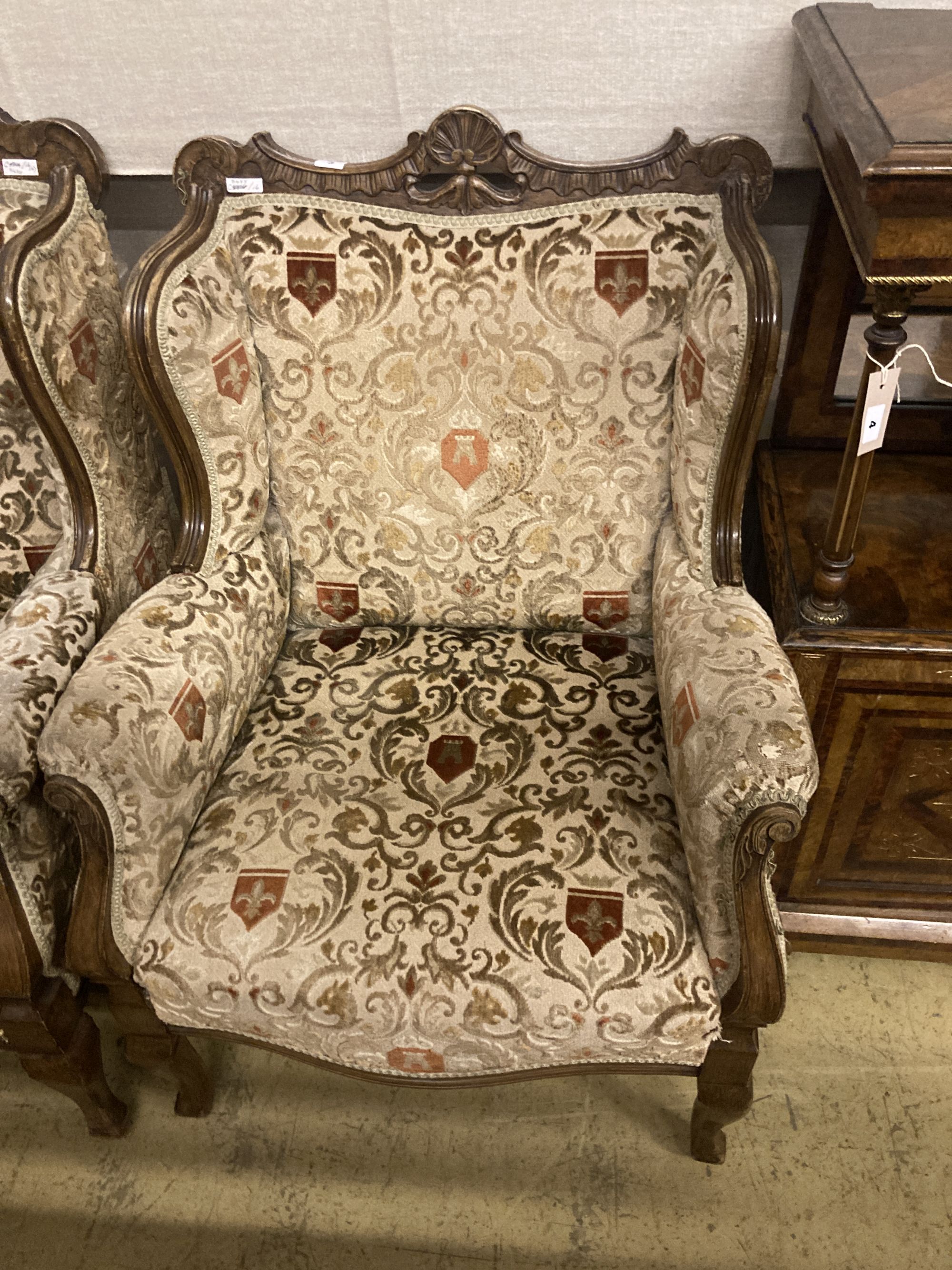 A late Victorian upholstered beech settee and armchair, settee width 130cm depth 66cm height 100cm